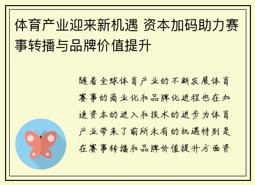 体育产业迎来新机遇 资本加码助力赛事转播与品牌价值提升 体育产业迎来新机遇 资本加码助力赛事转播与品牌价值提升